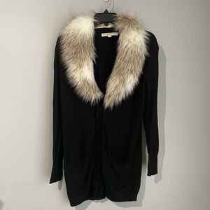 LOFT Faux Fur Collar Wool Blend Black Cardigan Size M Pockets Lightweight Button